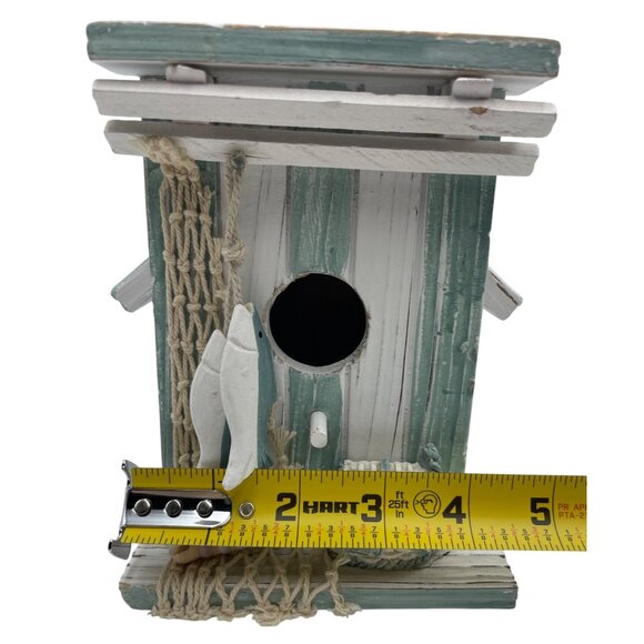 Wooden Coastal-Themed Birdhouse With Nautical Rope Seashell & Fish Decor Rustic - Picture 9 of 10